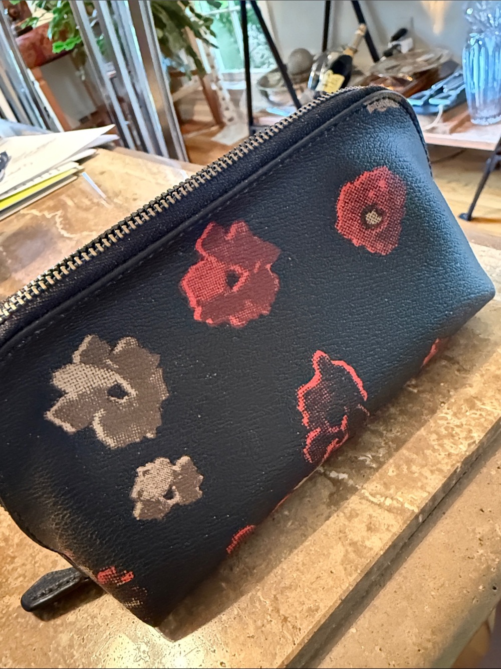 Coach Black Leather Zip cosmetic pouch with Red and Tan Floral Print - Picture 3 of 5